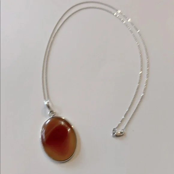 14K White Gold Chain Amber Agate Pendant Necklace 925 Silver - Picture 11 of 15